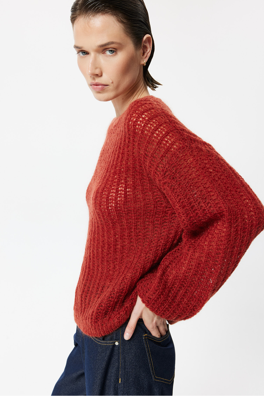 Ceglany dzianinowy sweter z moherem damski - Patrizia Aryton Ceglany dzianinowy sweter z moherem damski - Patrizia Aryton